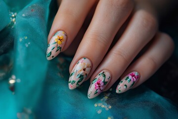 A woman's nails dressed up with unique and pretty nail art.