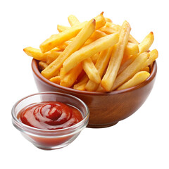 A bowl of golden French fries with a small dish of ketchup on white