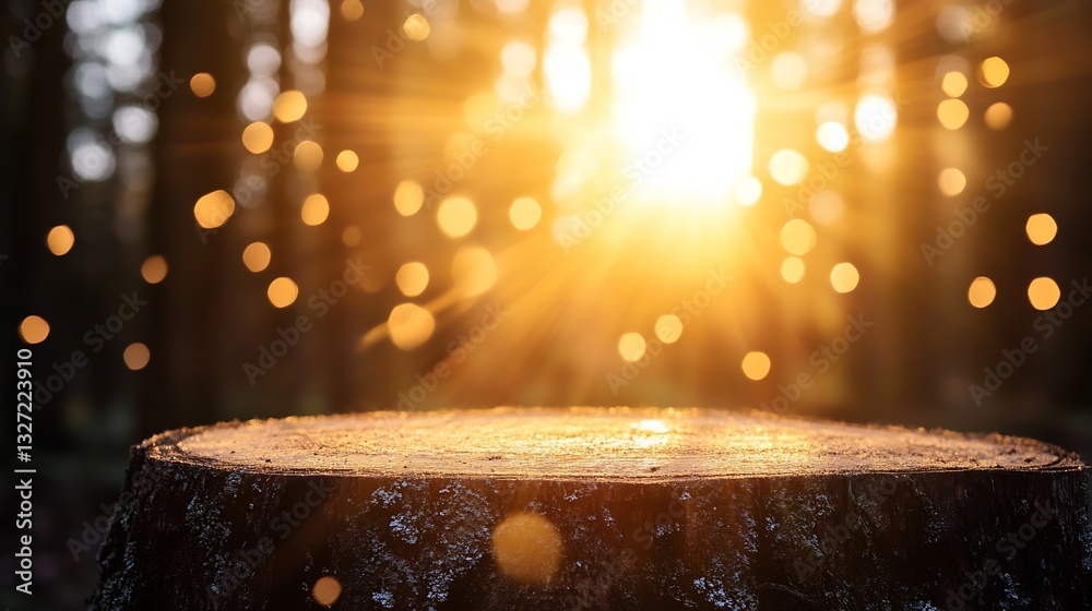 Fototapete Stump of a tree surrounded by soft sunlight creating magical bokeh effects : Generative AI