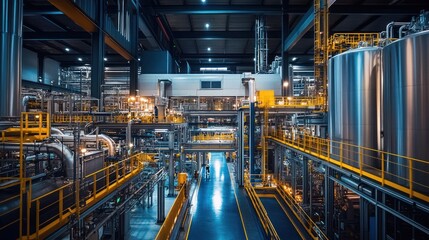 Industrial plant interior, elevated view, workers, modern machinery