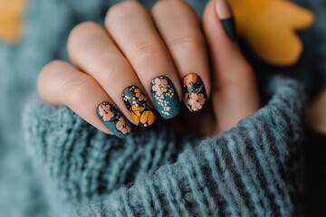 A woman's nails dressed up with unique and pretty nail art.