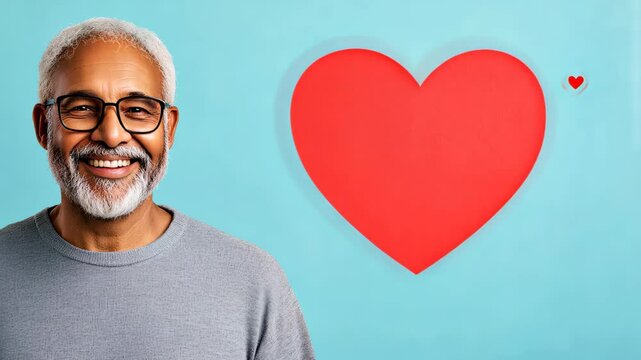 Senior Man Smiling Against Blue Background With Heart Symbol Reflecting Intergenerational Friendship And Joyful Connection In Modern Lifestyle Photography