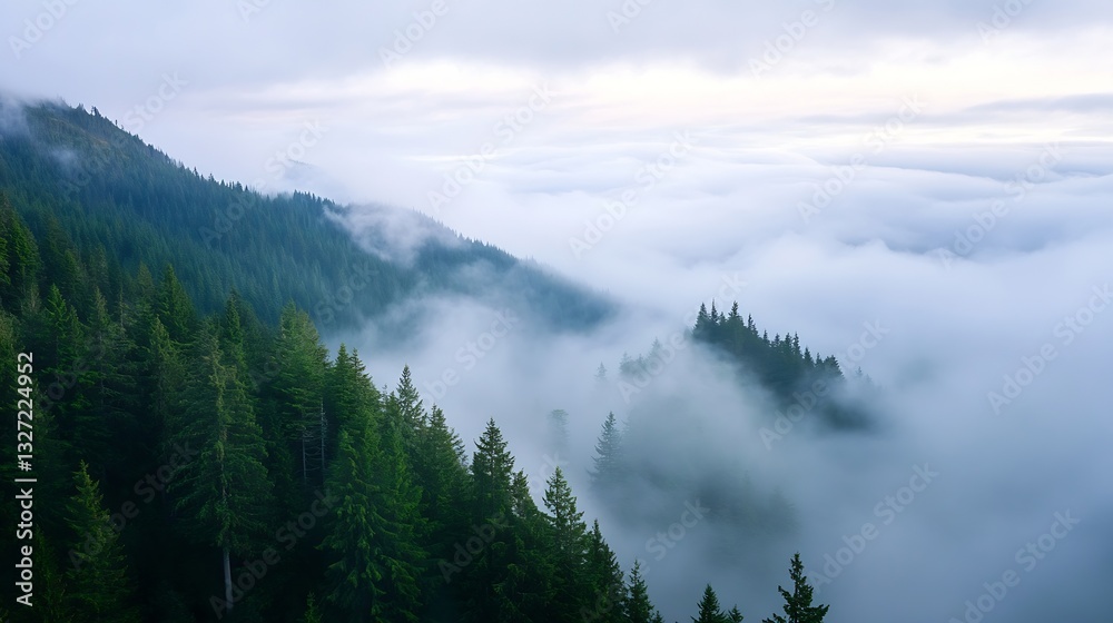 Aufkleber Misty evergreen forest landscape shrouded in clouds and fog creating a serene atmosphere : Generative AI