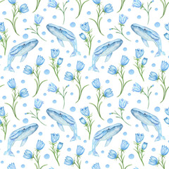 Marine life seamless pattern of whales and flowers in watercolor. Floral pattern and sea animals delicate watercolor background. Print for textiles, clothes, children's room, wallpaper, backgrounds.