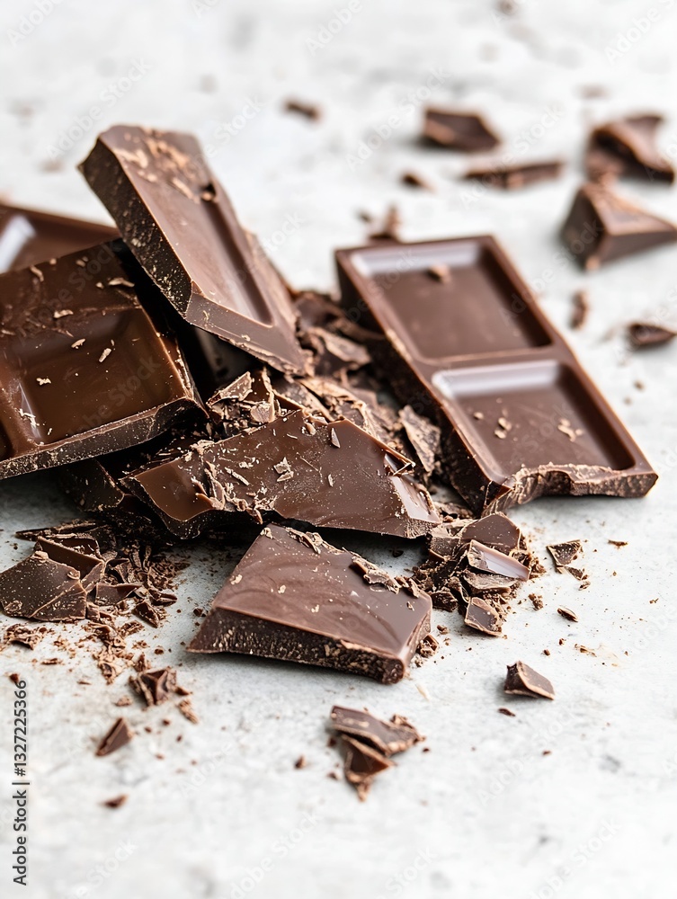 Poster Chunks of rich dark chocolate scattered on a surface with broken pieces showcasing texture and indulgence : Generative AI