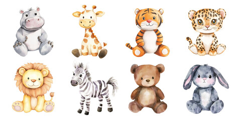 Obraz premium A charming watercolor collection of baby animals, including a hippo, giraffe, tiger, leopard, lion, zebra, teddy bear, and bunny. Perfect for nursery decor and children's designs
