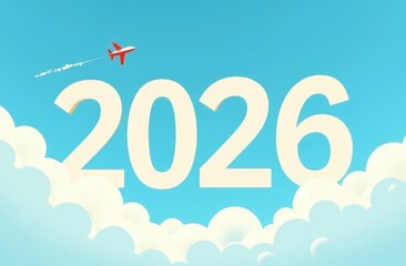 Happy New Year 2026, volumetric numbers of the year from white clouds in the blue sky and an airplane flying in the sky