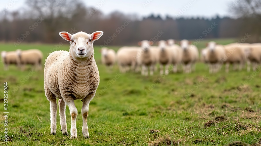 Poster A curious sheep standing in a lush green field surrounded by other sheep enjoying nature and fresh grass : Generative AI