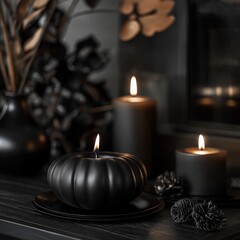 Stylish black candles enhance a sophisticated interior vibe.