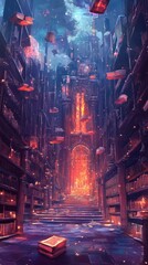 Fototapeta premium A majestic library with glowing books and mysterious archway ahead