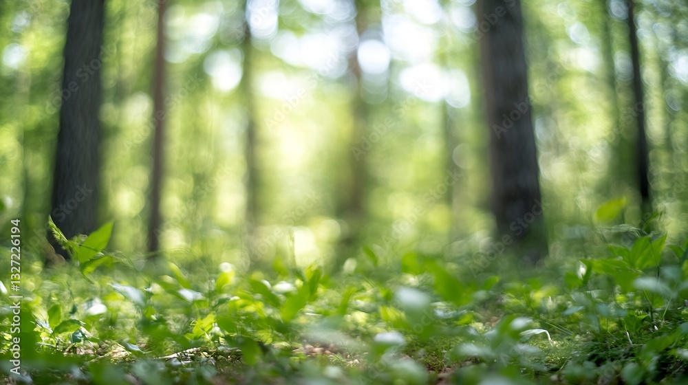 Fototapete serene green forest path with lush foliage and soft sunlight filtering through trees : generative ai