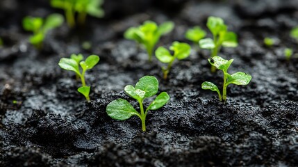 Close-Up of Small Green Plants Growing on Wet Black Soil
