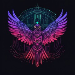 Fototapeta premium Mystical Cyber Owl: A vibrant digital illustration of an owl with outstretched wings, depicted in a fusion of technology and fantasy, radiating an aura of mystery and power.