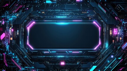 Fototapeta premium Futuristic Neon Circuit Board Background with Central Empty Space, Symbolizing Technology, Innovation, and Progress. Ideal for Sci-Fi Designs, Tech Presentations, and Video Game Interfaces.