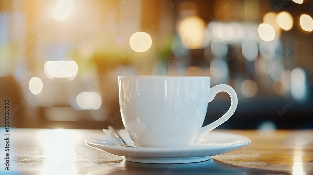 Poster closeup of a white coffee cup on a wooden table with warm sunlight creating a cozy atmosphere : gene