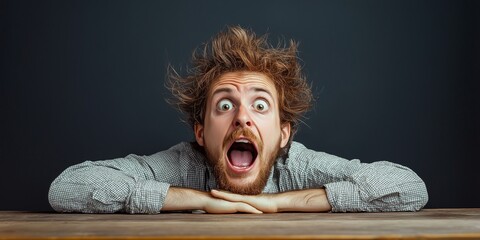 A man expresses surprise with a shocked face and messy hair, showcasing vivid emotions and joy.