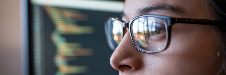 Focused Programmer: Close-up of a female programmer's face, intently focused on lines of code displayed on a computer screen.