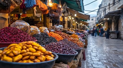 Fototapeta premium Vibrant market scene old city food photography bustling streets eye-level view cultural experience