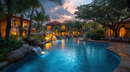 Obraz premium A luxurious pool in a tropical resort, surrounded by lush greenery and soft lighting, offering a serene atmosphere for relaxation.