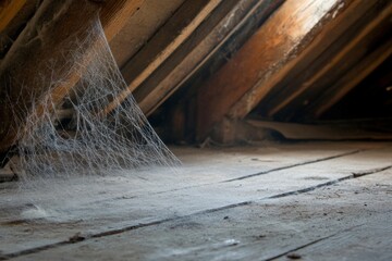Obraz premium Dusty corner reveals intricate spider web in quiet attic Generative AI