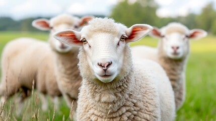 Obraz premium Group of fluffy sheep peacefully grazing in a lush green pasture under a blue sky : Generative AI