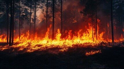 Naklejka premium A fierce wildfire raging in the forest, with towering flames consuming trees, showcasing the destructive power of fire.