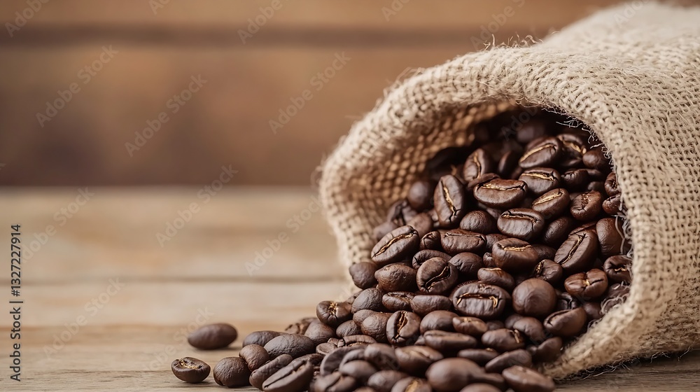 Aufkleber spilled coffee beans from a burlap sack on rustic wooden surface emphasizing a coffee theme : genera
