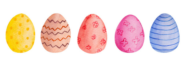 Watercolor illustration of Easter eggs. Bright colored eggs with a pattern.