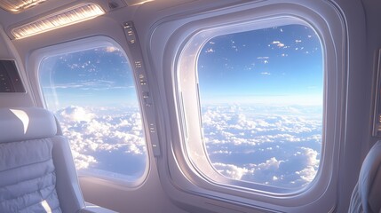 Fototapeta premium A view from an airplane window showing the sky and clouds at cruising altitude, symbolizing travel and freedom.