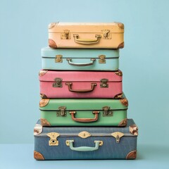 Colorful vintage suitcases stacked on a green background with copy space,The globe is on top of the suitcase.
