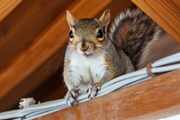 Squirrel chewing on electrical cables in a residential attic Generative AI
