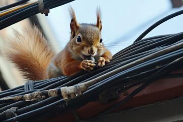 Squirrel chewing on electrical cables in urban setting during daytime Generative AI