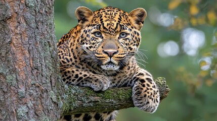Naklejka premium Majestic leopard resting on tree branch rainforest wildlife photography natural habitat close-up animal behavior