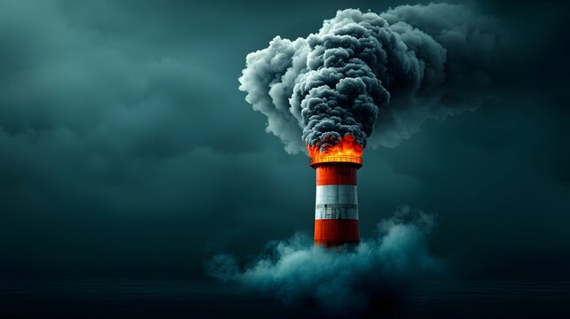 Massive metal clad industrial smokestack belching dense dark smoke clouds that obscure the bright cloudless sky with sharp chiaroscuro lighting and heavily textured surfaces creating an ominous