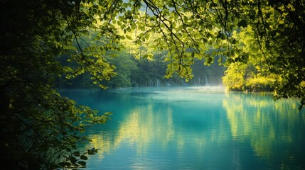 Fototapeta premium Serene lake, misty waterfalls, lush forest, tranquil nature scene, ideal for travel brochures