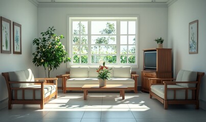 Modern living room interior with large window, sunlit, plants, and furniture