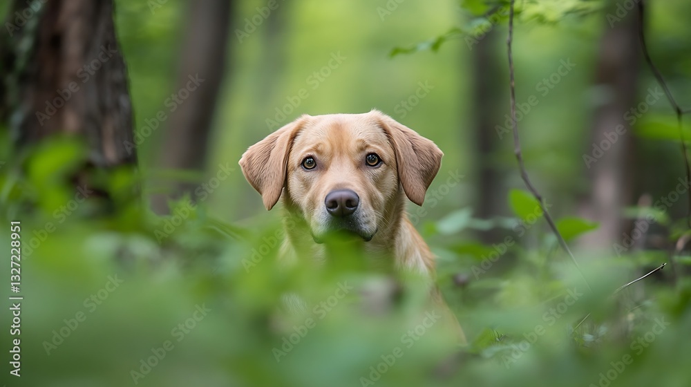 Poster Adorable dog with a thoughtful expression captured in a lush green forest setting : Generative AI