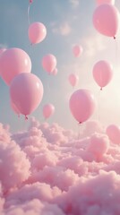 Pink Balloons Floating Above Soft Clouds During Daylight in a Serene Sky
