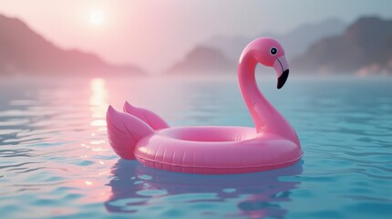 Pink Flamingo Float Sitting on Tranquil Water at Sunrise in a Serene Natural Setting