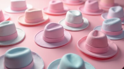 Collection of Pastel-Colored Hats Arranged on a Pink Background for Display