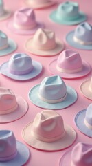 Colorful Pastel Hats Arranged on a Soft Pink Background for Display or Decoration