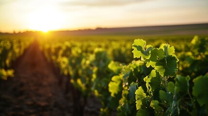 Fototapeta premium Lush green vineyard bathed in warm sunlight during golden hour showcasing ripe grapes ready for harvest : Generative AI