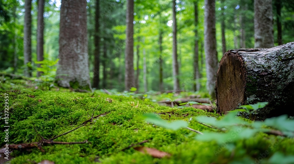 Aufkleber lush green forest floor with moss and tree trunks creating a serene natural environment : generative