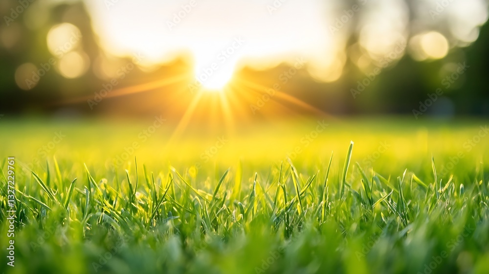 Poster close up of dewy grass blades with glowing sunlight in the background at dawn : generative ai