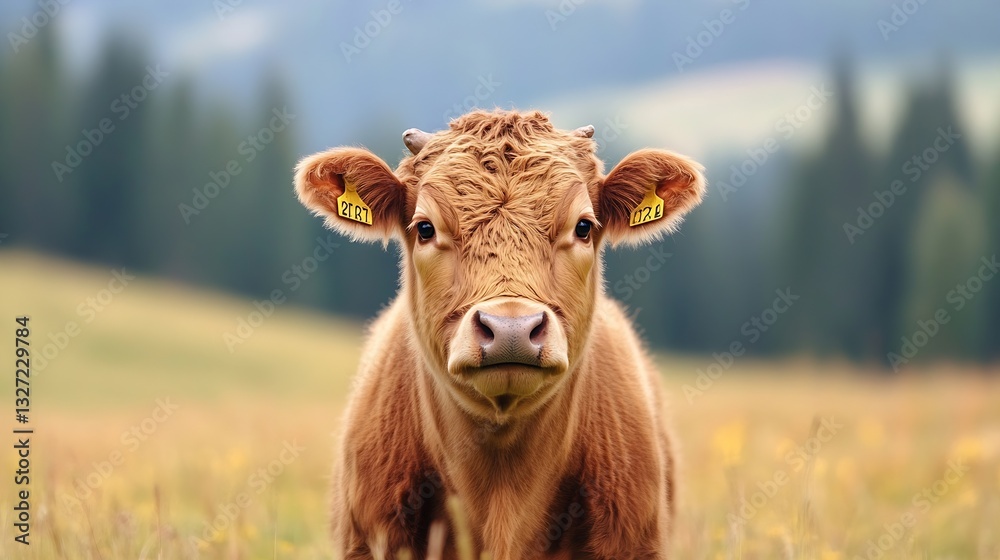 Poster charming portrait of a young calf standing in a lush meadow with a curious expression and natural su