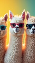 Three Llamas Wearing Colorful Sunglasses With a Vibrant Background in Soft Light