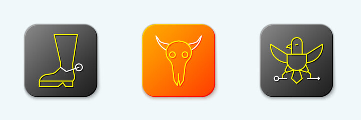 Set line Cowboy boot, Buffalo skull and Eagle icon. Vector