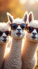 Llamas Wearing Sunglasses Enjoy a Sunny Day in a Vibrant Outdoor Setting