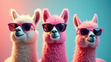 Lively Llamas Wear Trendy Sunglasses in a Vibrant Setting With Bright Colors