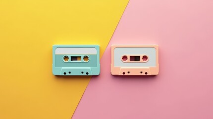 Vintage Cassette Tapes in Vibrant Colors Placed on Contrasting Background of Pink and Yellow